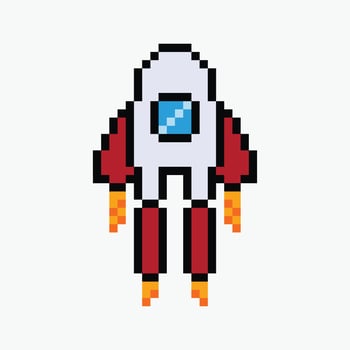rocket pixel art icon illustration, Pixel art rocket icon with a white body and red side fins. vector