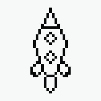 black and white rocket pixel art icon illustration, Pixel art representation of a rocket in black and white. vector