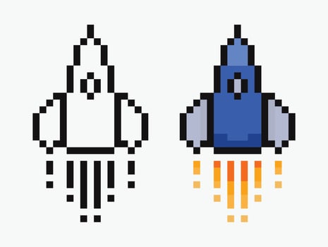 set rocket pixel art icon illustration, Two pixel art rocket icons are shown. vector