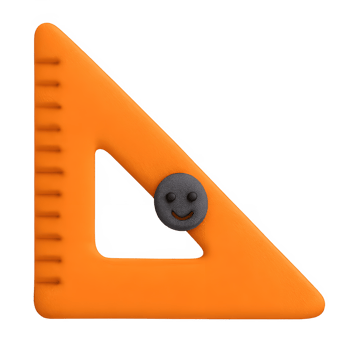 Orange plastic rightangle set square with a textured black smiley face emblem. png