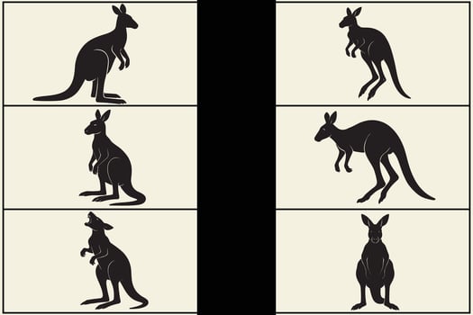 Six editable silhouette images of kangaroos in various poses vector