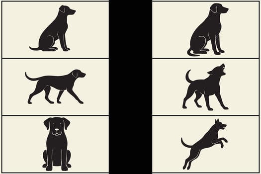 Six editable dog silhouettes in various poses vector