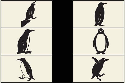 Six editable penguin silhouettes in various poses vector