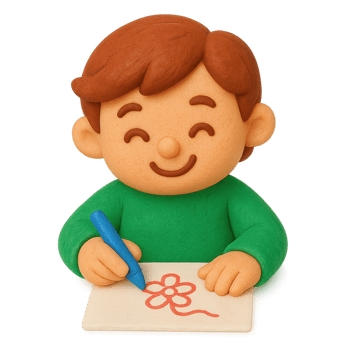 Handmade clay figure of a smiling boy in a green shirt drawing a red flower. png