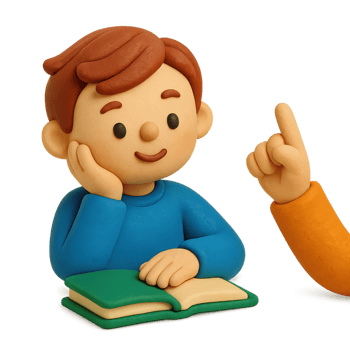 Claymation student with brown hair attentively listening to a teachers pointing finger while studying. png