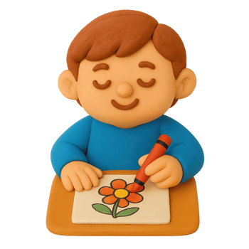 Smiling claymation boy with brown hair and blue shirt drawing a flower with a red crayon. png