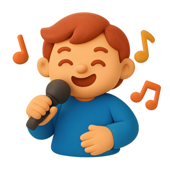 Joyful claymation boy with red hair singing into a microphone with a happy expression. png