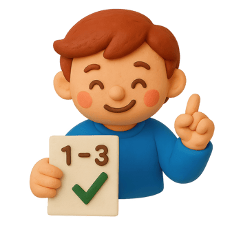 Smiling claymation boy with brown hair holding a sign with numbers 13 and a green checkmark pointing upwards. png