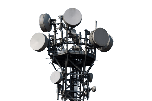 Telecommunication tower with microwave dishes on transparent background png