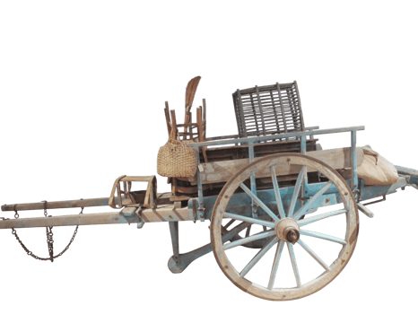 Old wooden cart carrying various items on transparent background png