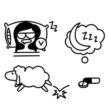 a set of icons depicting a woman sleeping, a sheep, and a pill vector