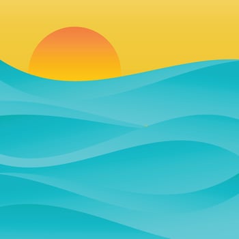 Square background with blue gradient sand waves pattern, sky and sun in orange tones. vector