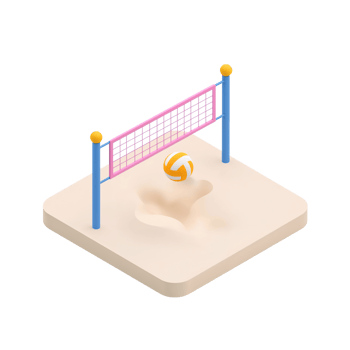 Isometric volleyball game scene with pastel hues and playful design aesthetic on an isolated field png