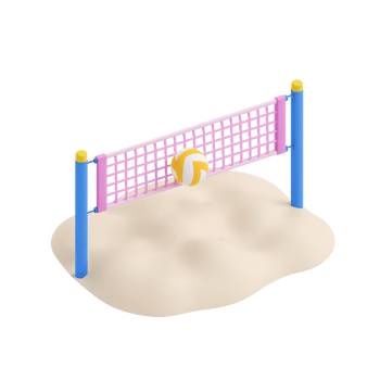 Stylized volleyball setup on a sandy surface, presented against a neutral backdrop offering ample png
