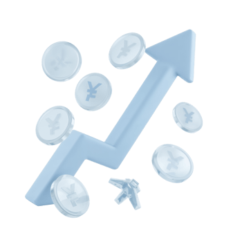 Rising currency value depicted by a light blue arrow and transparent coin emblems soaring high png
