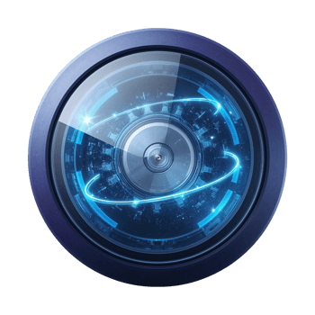 Futuristic circular lens element with swirling blue energy trails on an isolated space png