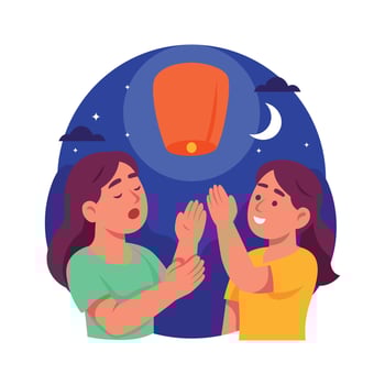 Flat illustration of two girls releasing glowing sky lanterns during the night festival. vector