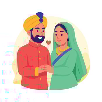 A heartwarming flat illustration of a happy couple dressed in traditional Indian clothing. vector