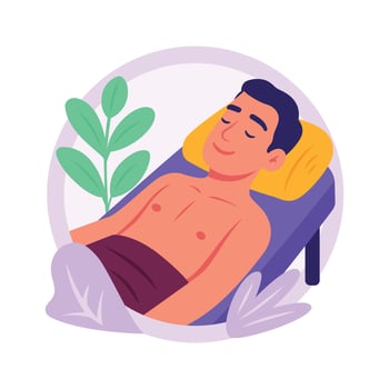 A cheerful flat illustration of a man relaxing and sleeping on a spa bed. vector