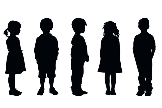 Black silhouette collection of small children standing. clean design on white background emphasizes innocence and childhood, suitable for posters, books, parenting blogs and charity visuals vector