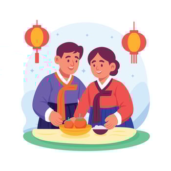 A couple preparing traditional dishes during the Korean Chuseok harvest festival celebration. vector