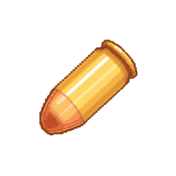 A Pixelated representation of a single golden bullet, with a transparent area around it, artistic png
