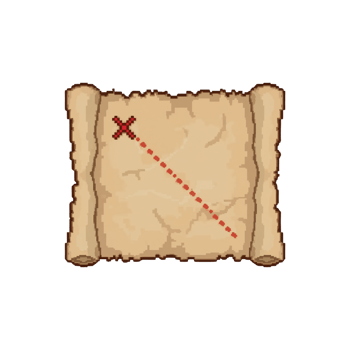 Antique parchment with pixelated treasure map and red cross, creating a sense of adventure and png