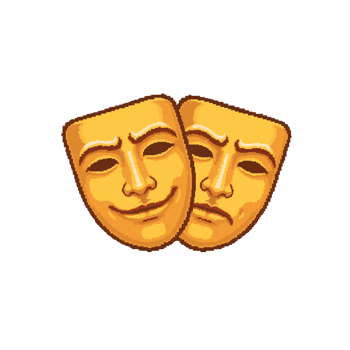 Expressive theatrical golden masks symbolizing joy and sadness emotions representation against png