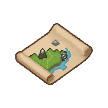 Isometric pixel art treasure map illustration showcasing adventure and exploration in a simplified png