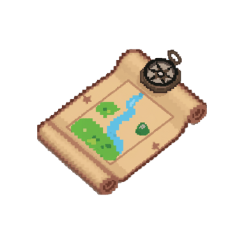 Pixelated treasure map scroll with compass navigation over a neutral canvas for fantasy exploration png