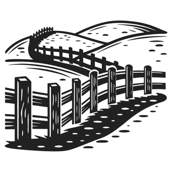 Wooden fence winding through rural rolling hills, countryside pasture landscape, field path, rustic boundary, farmland scene vector