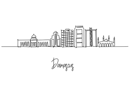 Damascus city skyline in Syria illustrated as a continuous line drawing, featuring iconic buildings from the Umayyad Mosque to modern towers. A cultural travel design concept with a Middle East theme. vector