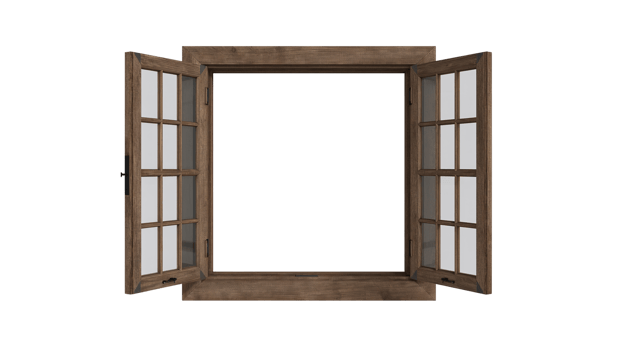 Open wooden window frame with multiple panes against a transparent setting revealing a unique png