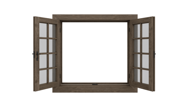 Rustic wooden window frame with opened sashes on isolated transparent space ready for creative png