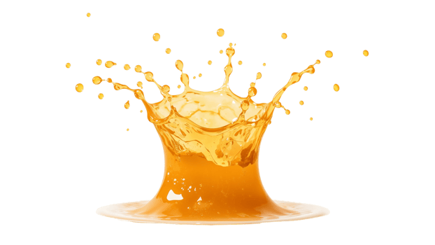 Dynamic explosion of vibrant orange liquid creating crown effect, isolated splash with fluid png