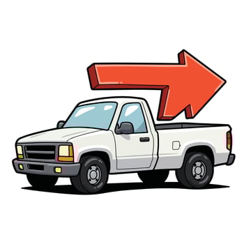 Cartoon White Pickup Truck with Directional Arrow. vector