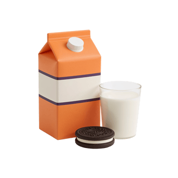 A delightful juxtaposition of orange carton, creamy milk in glass, and delicious cookie on a png