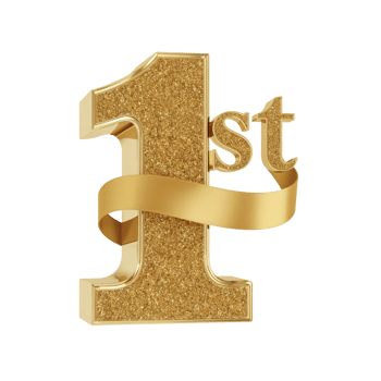 Golden celebratory first place achievement emblem, symbolizing success, victory, and png
