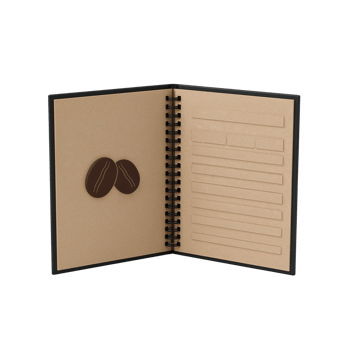 Open notebook displaying coffee beans and blank lines against a stark background offering creative png