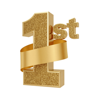 Golden three-dimensional number one embellished with a luminous flowing ribbon element isolated png