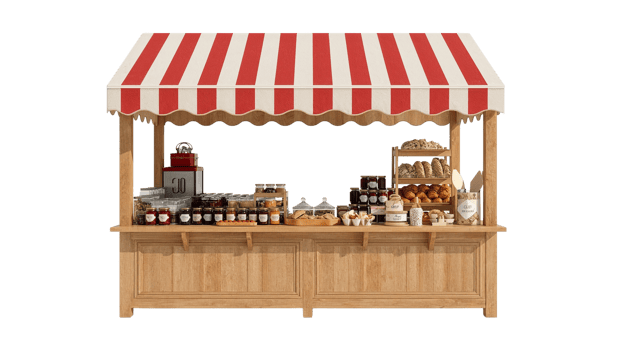 Charming wooden market stall with striped awning, showcasing artisanal food products on a png