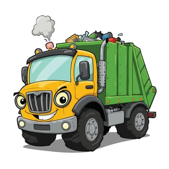 Happy Cartoon Garbage Truck with Trash and Smoke. vector