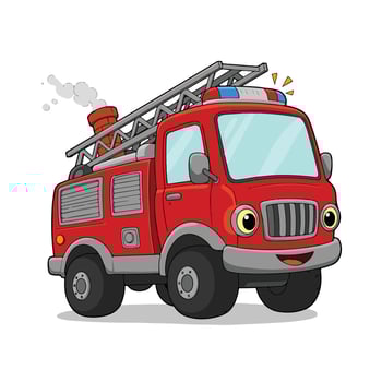 Smiling Cartoon Red Fire Truck with Ladder and Siren. vector