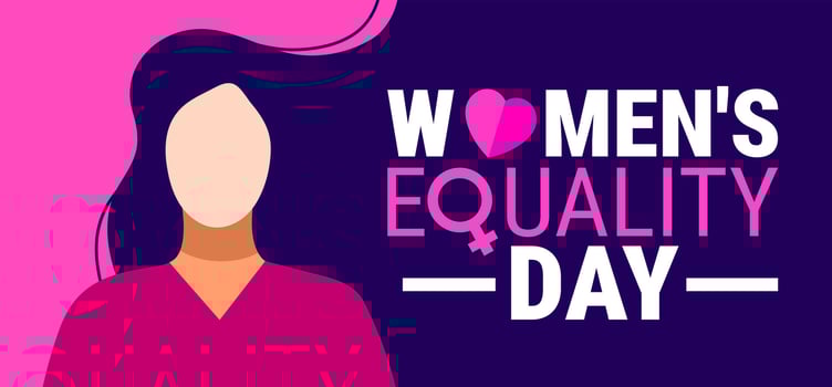 Womens Equality Day Background, banner or poster design. A flowing silhouette and bold text in vibrant pink and purple underscore the significance of this pivotal day for gender equality empowerment vector