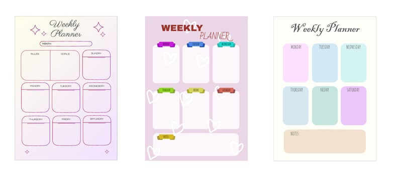 Set Of Three Weekly Planner Schedules Outline Style Modern Minimalist Design vector