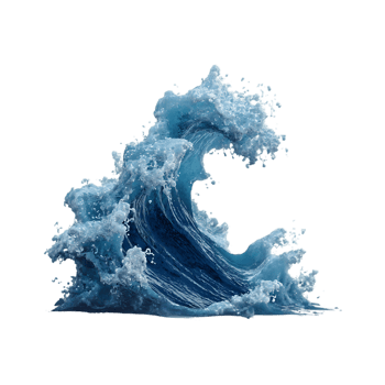 A powerful ocean wave crashes creating a dynamic splash of water droplets and foam png