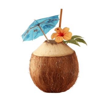 Refreshing coconut drink with hibiscus flower and tiny umbrella garnish a tropical summer treat png