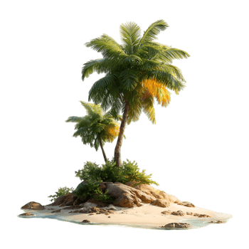 Tropical island paradise idyllic beach scene palm trees ocean rocks sand sunlit escape png
