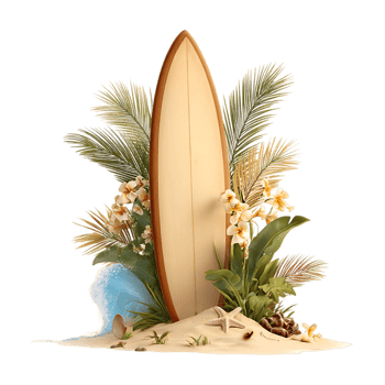 Surfboard on a tropical beach scene with flowers and ocean wave png