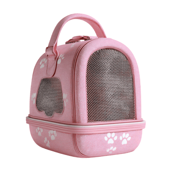 Pink pet carrier bag with paw prints mesh windows and handle for travel png